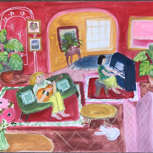 Original painting Gouache music shops room on paper 21 x 29 cm unframed