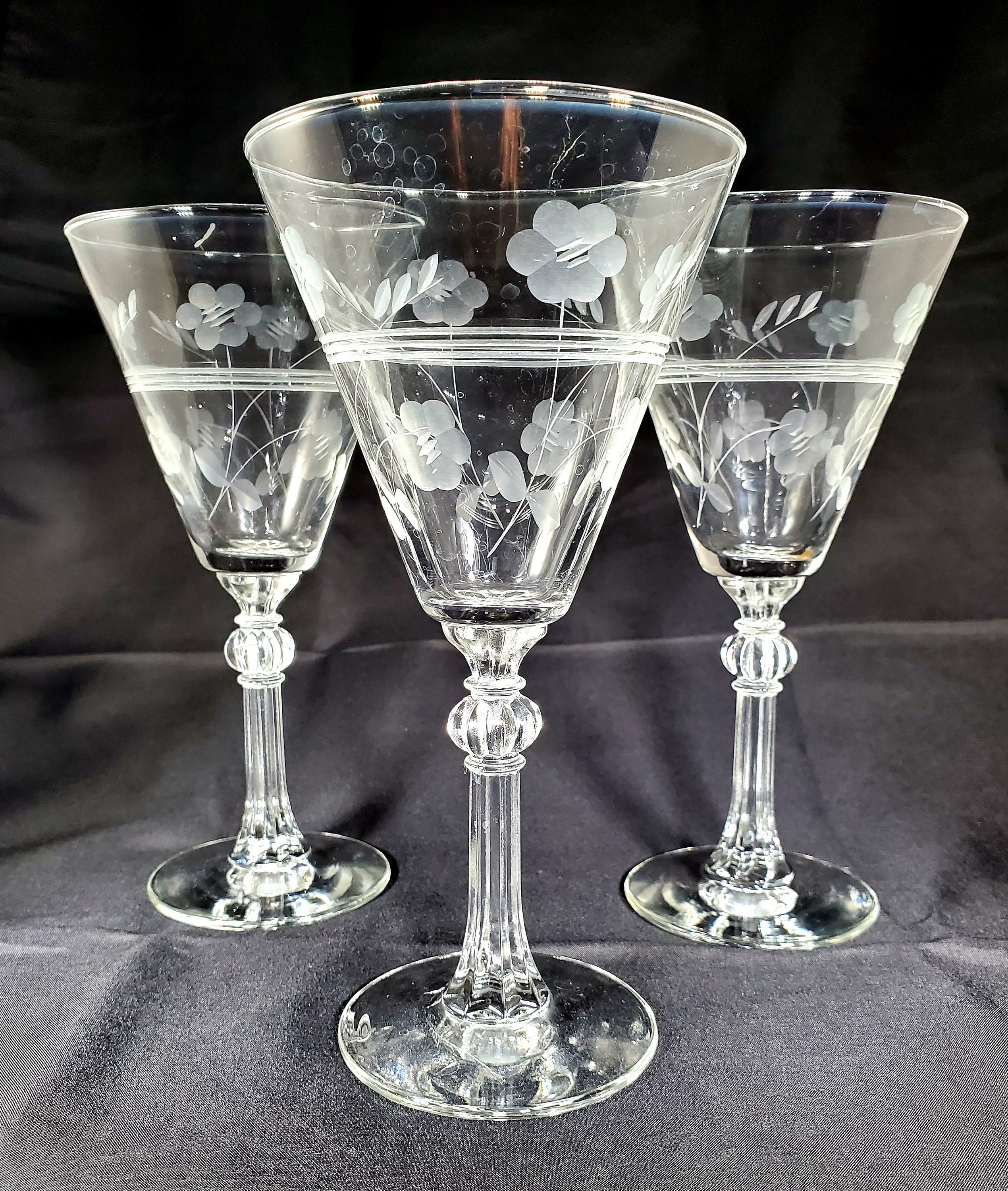 Set of 3 Vintage Libbey Etched Wine Glasses Etsy