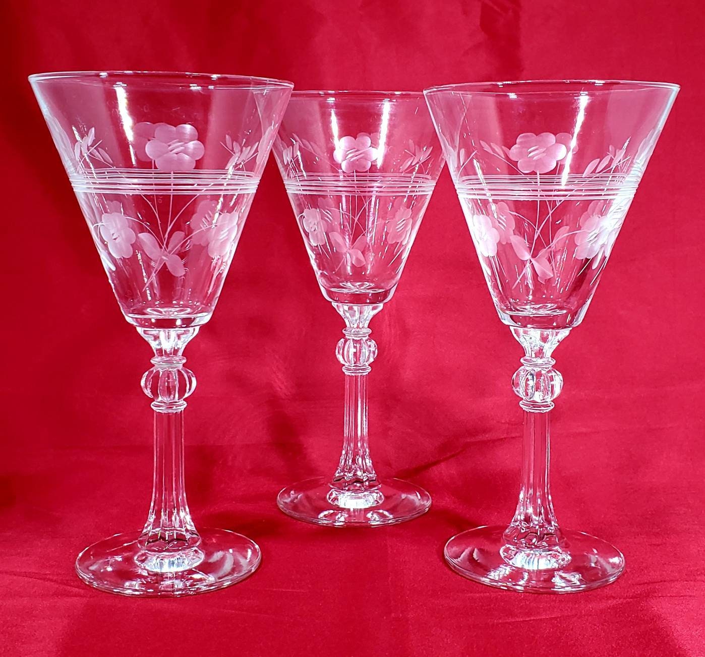 Set of 3 Vintage Libbey Etched Wine Glasses Etsy