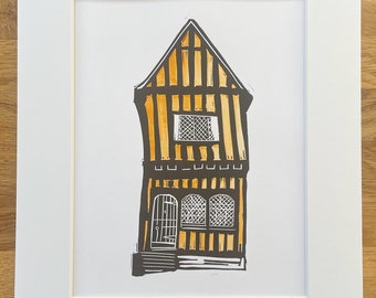 The Crooked House, Lino print artwork of famous building in Lavenham, Suffolk