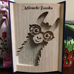 May include: An open book with a carved llama design. The llama's face and head are visible, complete with glasses. The title "Miracle Books" is written in cursive at the top. The book has a blue spine. The pages are beige.