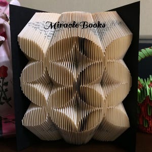 Può includere: Una scultura realizzata con un libro piegato che presenta un motivo a stella geometrico creato dalle singole pagine. La scultura è montata su un supporto nero e riporta in alto la scritta Miracle Books. Le pagine sono color crema con testo nero.