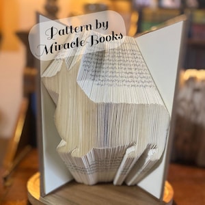 Peut inclure: Un livre plié en forme de chien, posé sur un socle en bois. Le livre est ouvert et les pages sont pliées pour créer la forme du chien. Le livre est intitulé "Pattern by Miracle Books".