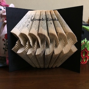 May include: A folded book art piece with the text "Miracle Books" on the pages. The book is folded into a geometric design, set against a black background. The pages are a light tan color.