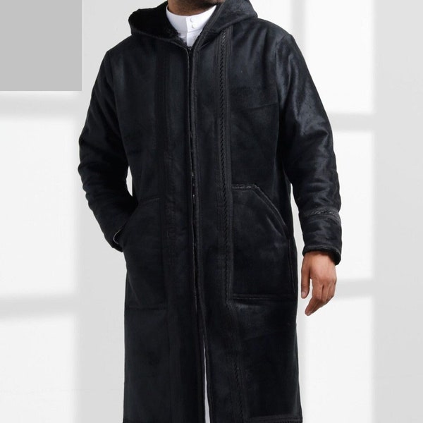Farwa Bisht Manteau d'hiver en fourrure pour hommes Arabian Manteau noir de haute qualité avec capuche et poches