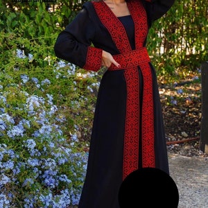 Palestinian Embroidered Open Abaya Black And Red Amazing Bisht See Through