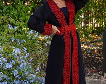 Palestinian Embroidered Open Abaya Black And Red Amazing Bisht See Through