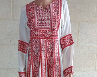 Palestinian Thobe Tatreez Dress Maxi White with Red embroidery.