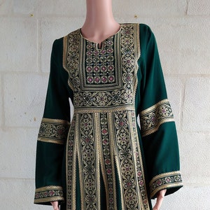 Palestinian Thobe Tatreez Dress Maxi Green with golden embroidery.