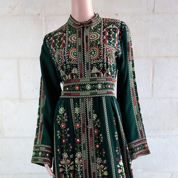 Palestinian Thobe Embroidery Tatreez Maxi Dress Green Sailor Design