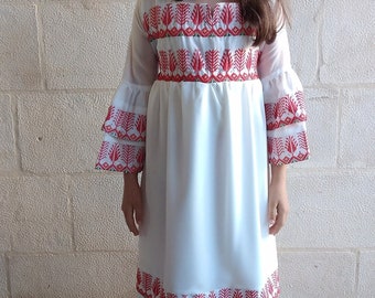 Little Girl Palestinian Embroidered Ruffle White Dress Thobe Kaftan Tatreez.