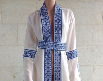 Palestinian Abaya Bisht Thobe White with Blue Embroidery with Free White Under Dress