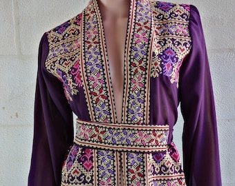 Palestinian Thobe Bisht Abaya Tatreez Design Embroidery on Purple..