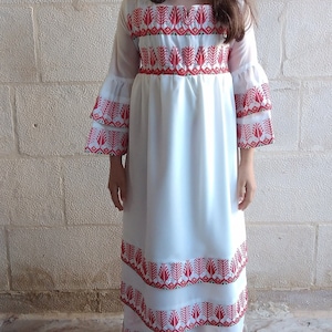 Little Girl Palestinian Embroidered Ruffle White Dress Thobe Kaftan Tatreez.