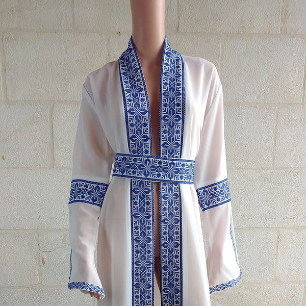 Palestinian Abaya Bisht Thobe White with Blue Embroidery