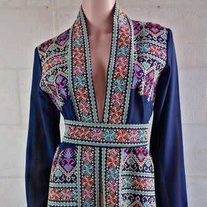 Palestinian Thobe Bisht Abaya Tatreez Design Embroidery on Navy Blue.