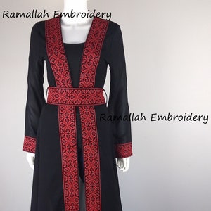 Palestinian Embroidered Open Abaya Black And Red Amazing Bisht See Through image 2