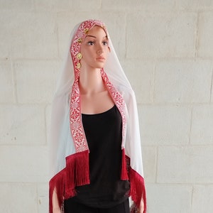 Palestinian Tatreez Tarha Scarf headpiece embroidery White and Red with coins