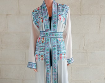 Palestinian Thobe Bisht Abaya Tatreez Design Embroidery on White and Blue.