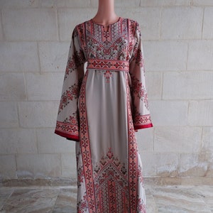 Palestinian Thobe Tatreez Dress Cappuccino and Burgundy Embroidery connect