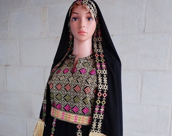 Palestinian Thobe Dress Tatreez Black and Golden with Tarha headpiece included.