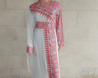Palästinensisches Thobe-Kleid Tatreez in Weiß und Rot mit angenähter Rüsche