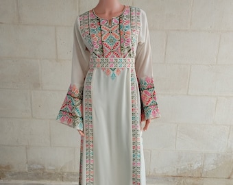 Palestinian Thobe Tatreez Embroidery Front and Back Six Strips Beige and  Green