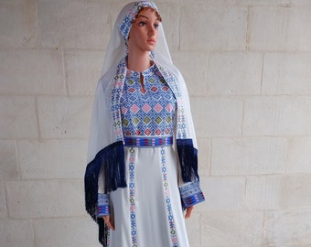 Palestinian Thobe Dress Tatreez White and Blue with Tarha headpiece included.