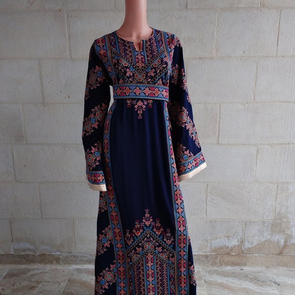 Palestinian Thobe Tatreez Dress Navy Blue and Red Embroidery connect