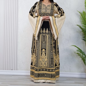 Palestinian Thobe Tatreez Dress Luxury Fellahi Golden and Black sailor.