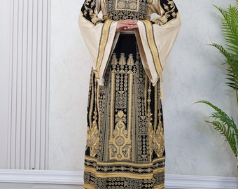 Palestinian Thobe Tatreez Dress Luxury Fellahi Golden and Black sailor.