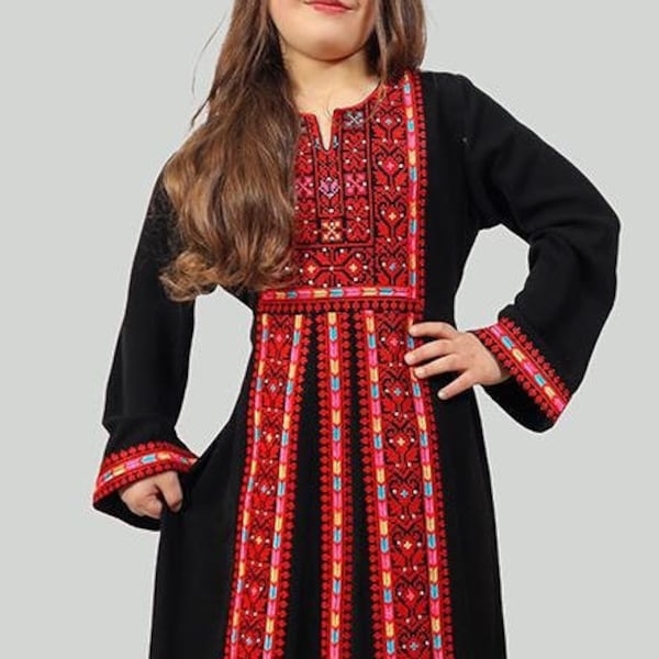 Palestinian thobe Tatreez Little Girls Red and Black with Manajel