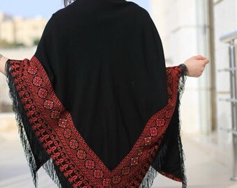 Châle Broderie Palestinienne Noir Et Rouge Tatreez