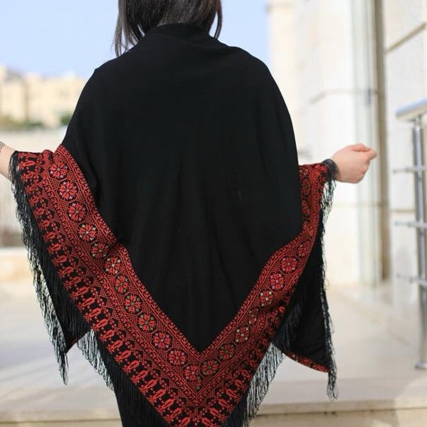 Shawl Palestinian Embroidery Black And Red  Tatreez