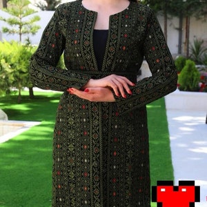 Palestinian Tatreez Embroidery Jacket Black and Green Knee Reach