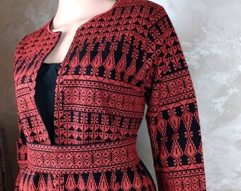 Sabah Beige Georgette Abaya – Handmade Red Palestinian Tatreez