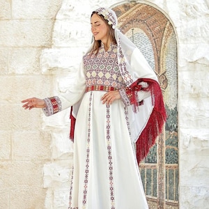 Palestinian Thobe Dress Tatreez White with Tarha headpiece included.