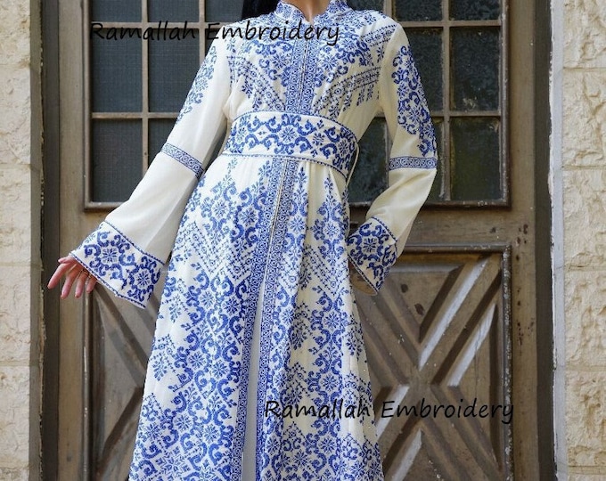 Designer Palestine Thobe Caftan with Colorful Cross Stitch Embroidery