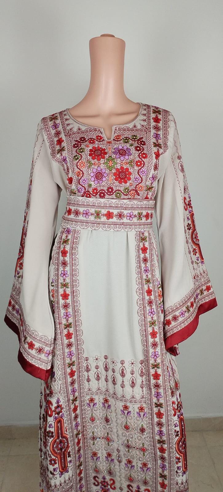 Palestinian Thobe Tatreez Dress Luxury Fellahi Cappuccino and Burgundy Agabani.