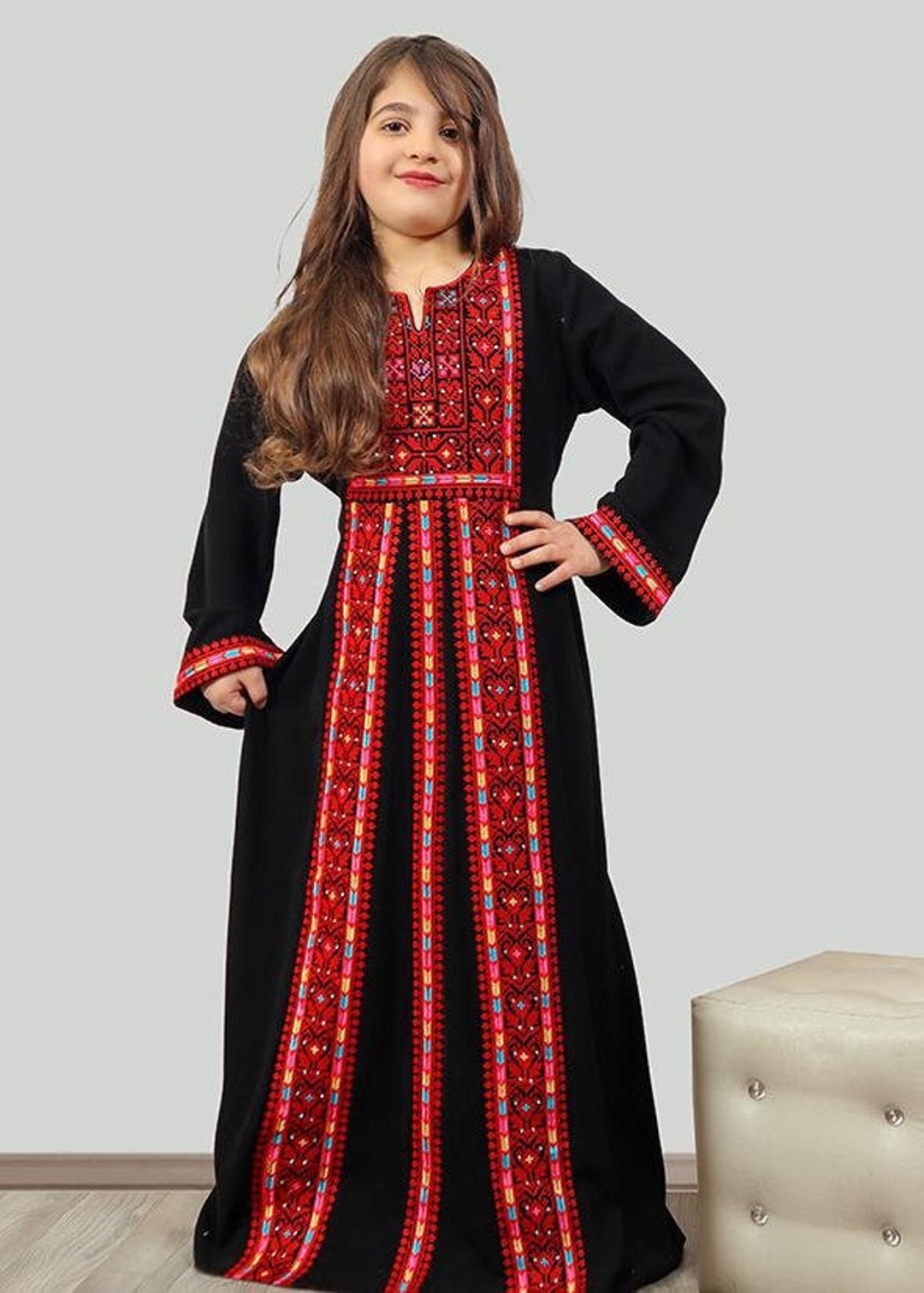 Palestinian Thobe Tatreez Little Girls Red and Black With Manajel - Etsy