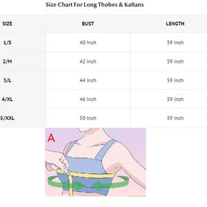 May include: Size chart for long thobes and kaftans. The chart includes bust measurements from 40 inches to 50 inches and a consistent length of 59 inches. An illustration shows how to measure the bust. The sizes range from 1/S to 5/XXL.