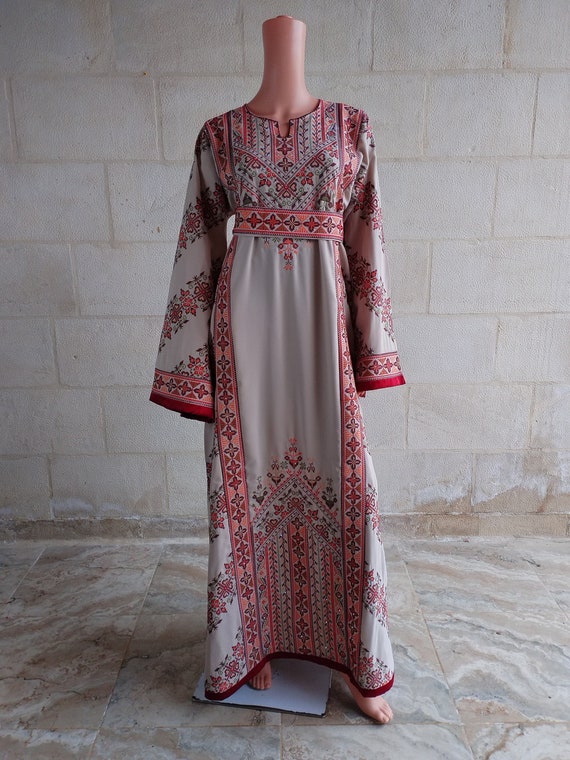 Palestinian Thobe Tatreez Dress Cappuccino and Burgundy Embroidery