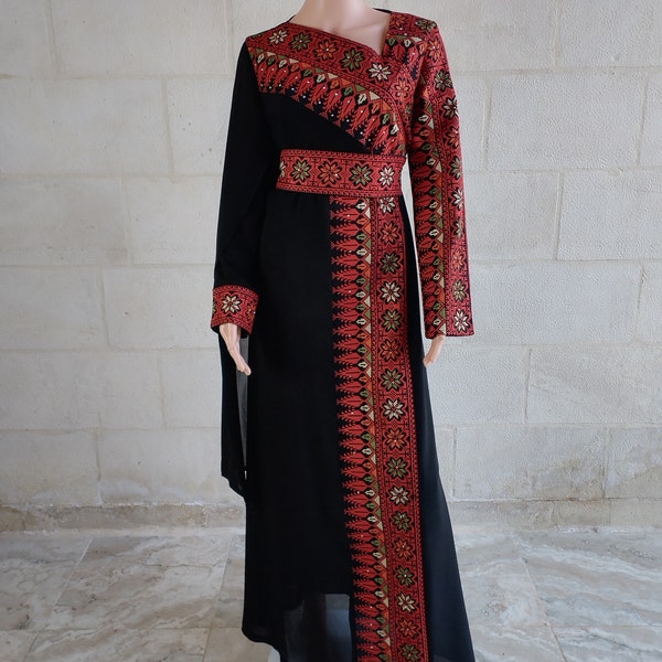 Palestinian Thobe Dress Tatreez Black and Red with attached Ruffle