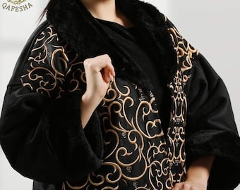 Farwa women warm winter coat Black with golden embroidery