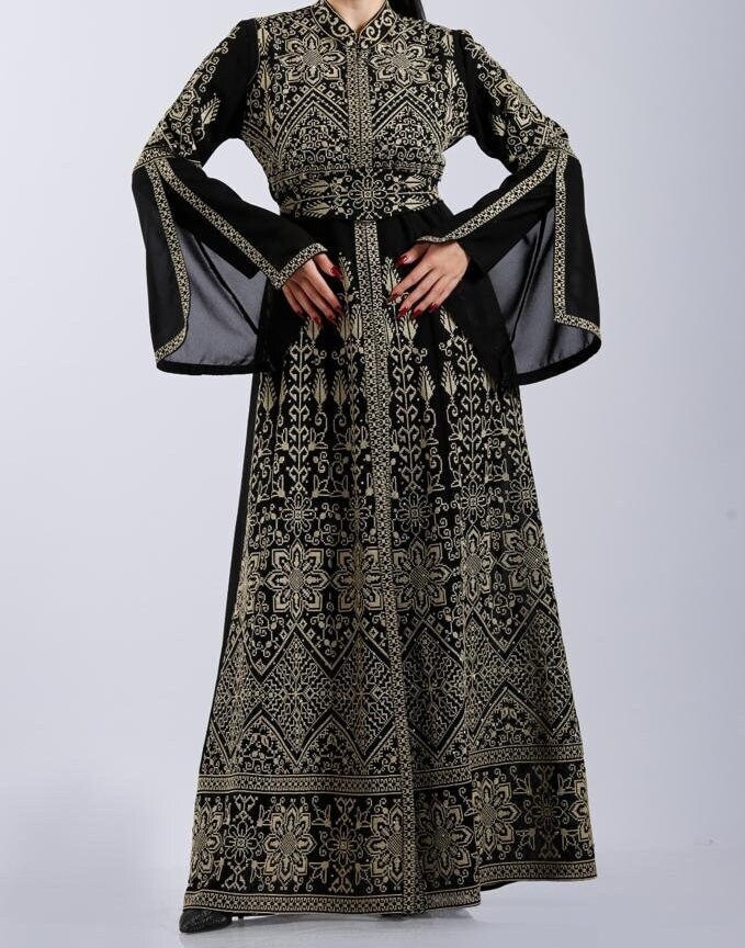 Palestinian Thobe Embroidery Maxi Dress Black and Gold Sunbola