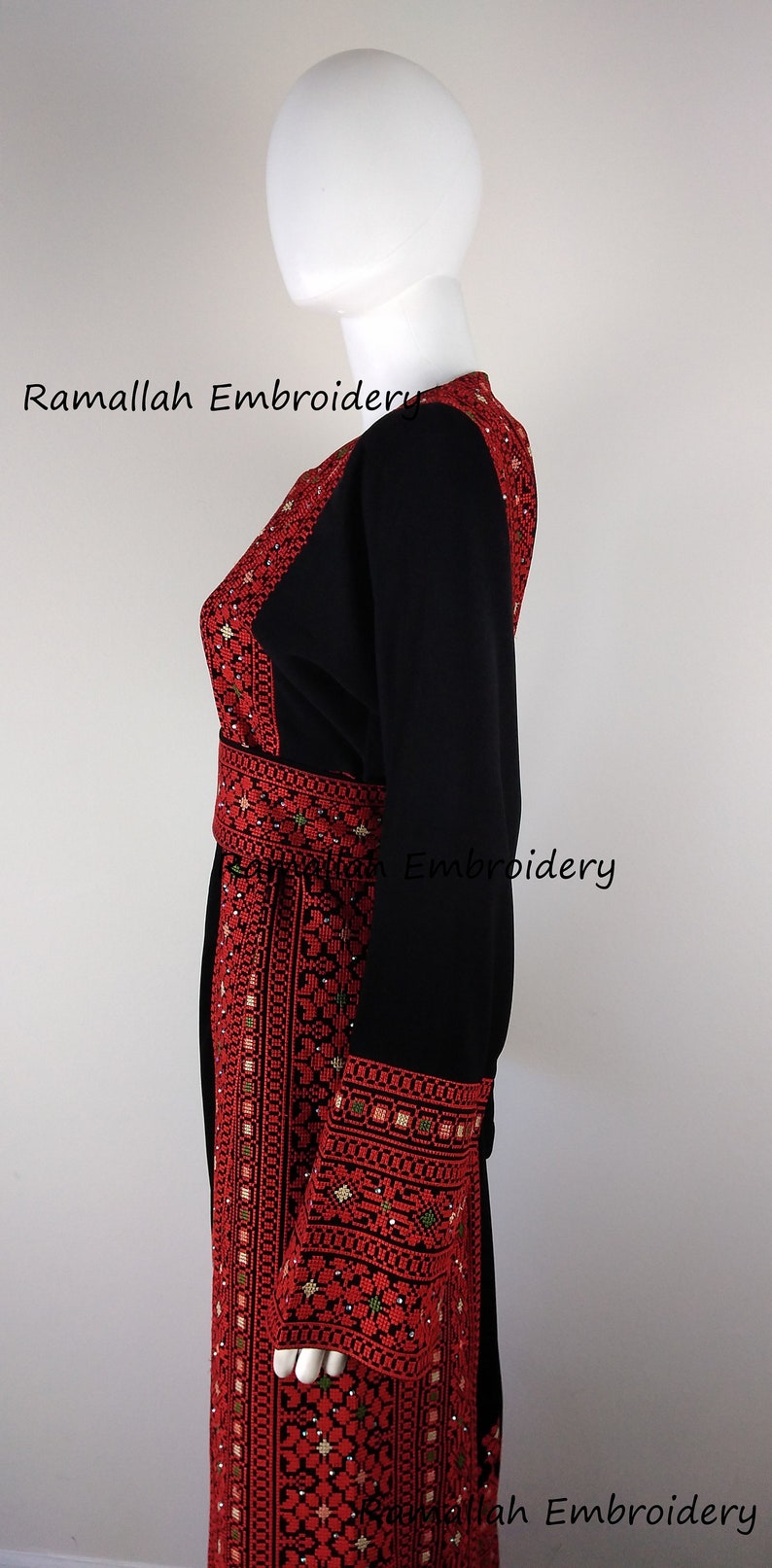 Palestinian Embroidery Thobe Princess Thob Maxi Dress Tatreez Amira Red and Black image 5