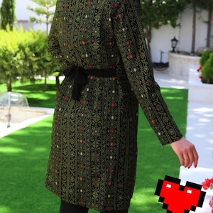 May include: A long-sleeved green dress with a black belt and intricate embroidered patterns in red, white, and black. The dress has a V-neckline and a loose fit.