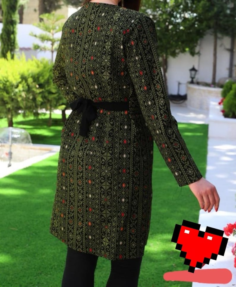 May include: A long-sleeved green dress with a black belt and intricate embroidered patterns in red, white, and black. The dress has a V-neckline and a loose fit.