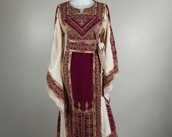 Palestinian Thobe Tatreez Dress Luxury Fellahi Burgundy and Golden Rosary.