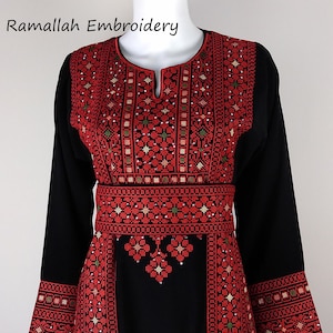 Palestinian Embroidery Thobe Princess Thob Maxi Dress Tatreez Amira Red and Black image 4